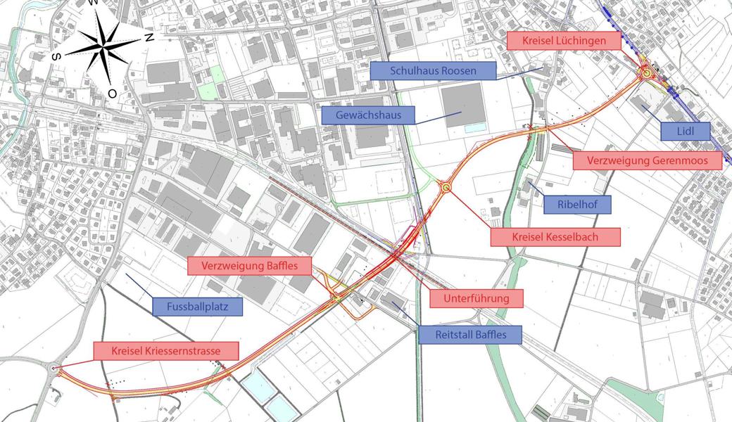 Die Linienführung der Ostumfahrung, wie sie von den Planern des Stadtrats vorgeschlagen wird. Der Kanton kann sie in der Detailplanung noch ändern.