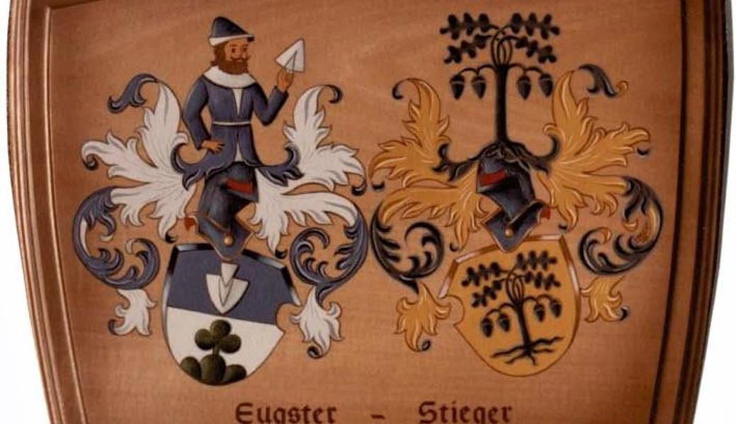 Detailreich: Wappenschild der Familien Eugster und Stieger.
