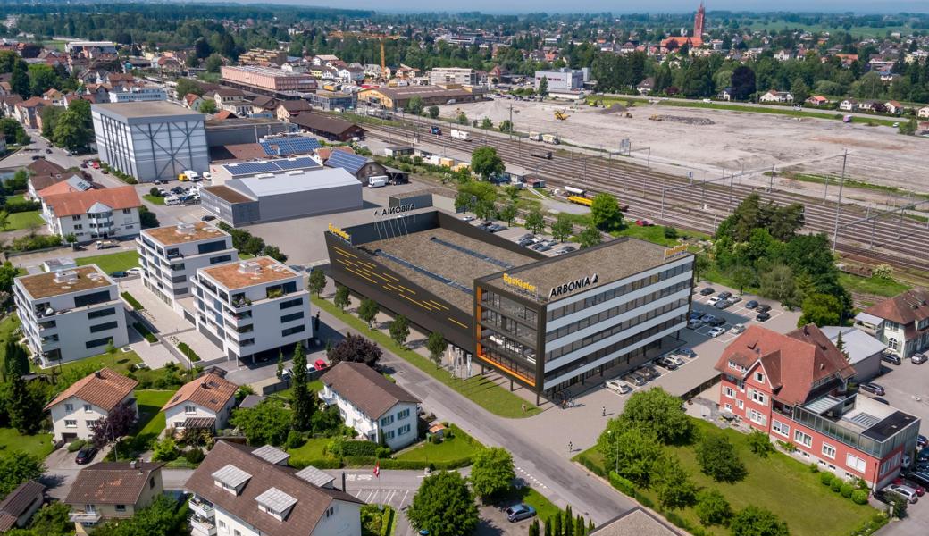 Die Luftbild-Visualisierung zeigt das Neubauprojekt der Arbonia an der Industriestrasse in St. Margrethen. 