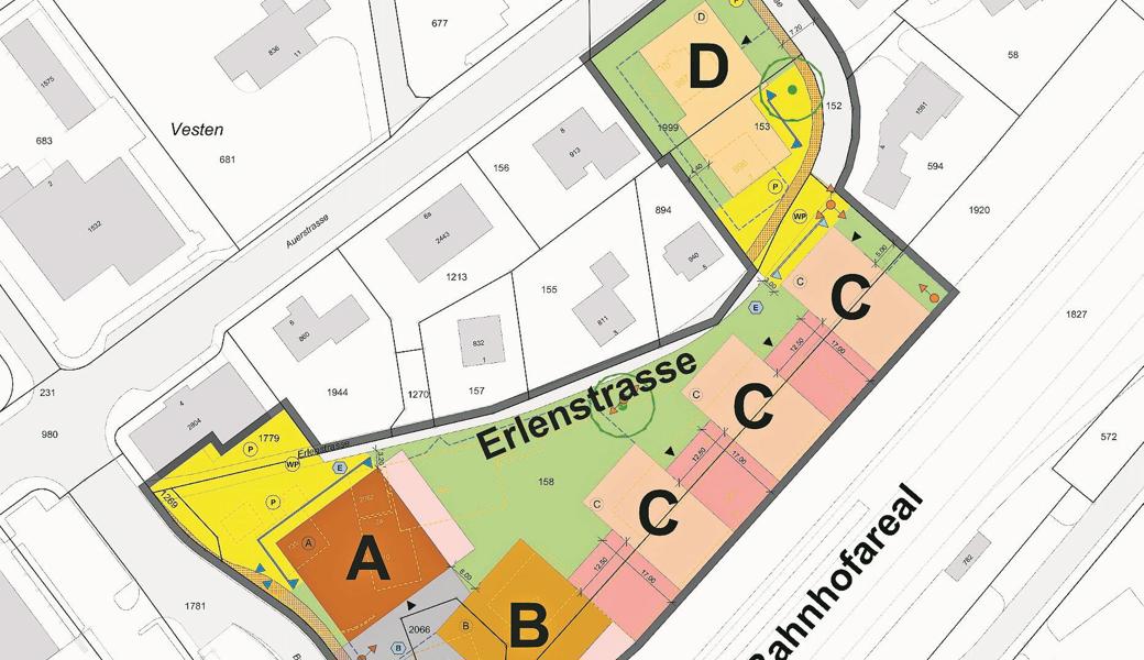 ■ gelb: Erschliessungsbereich  Grau: Zufahrt öffentliche Parkgarage und Vorplatz / Begegnungsplatz