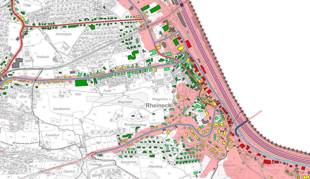In den altrosa eingefärbten Gebieten wird bei einem Neubau ein Lärmnachweis benötigt. Bei den roten Gebäuden wird der Alarmwert und bei den gelben Gebäuden der Immissionsgrenzwert überschritten. In den dunkelgrünen Gebäuen wird der Planungs- und in den hellgrünen der Grenzwert eingehalten. Rheineck ist der Ort mit den mit Abstand meisten «roten» Häusern.