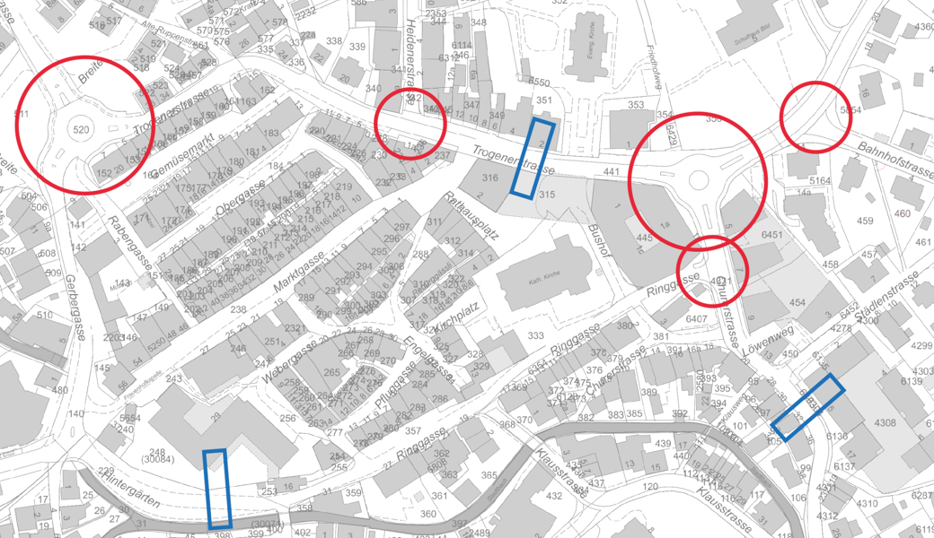 In der Karte von Altstätten sind die Messstellen hervorgehoben. Zur Orientierung: Links oben der Kreisel Breite, der grosse rote Kreis rechts markiert den Kreisel bei der Freihof-Passage.