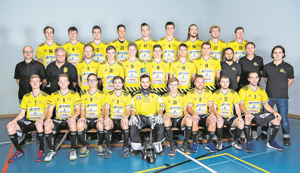 Mit diesem Team und Trainer Thomas Schär (mittlere Reihe, ganz links) nahmen die Rheintal Gators die Erstliga-Saison 2018/19 in Angriff.
