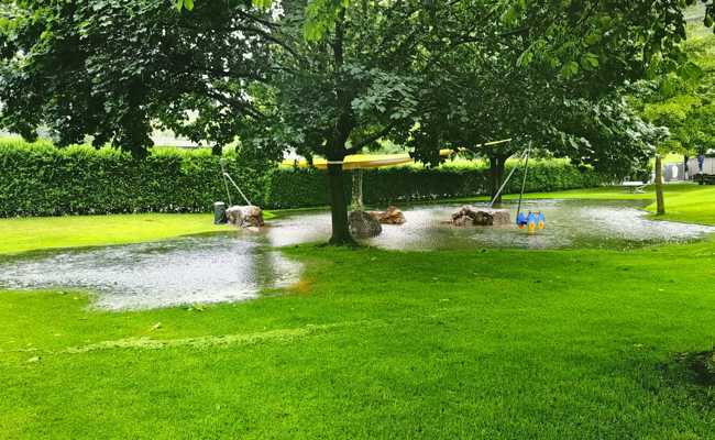 Nasser Saisonstart: Ein Weiher in der Badi Weier