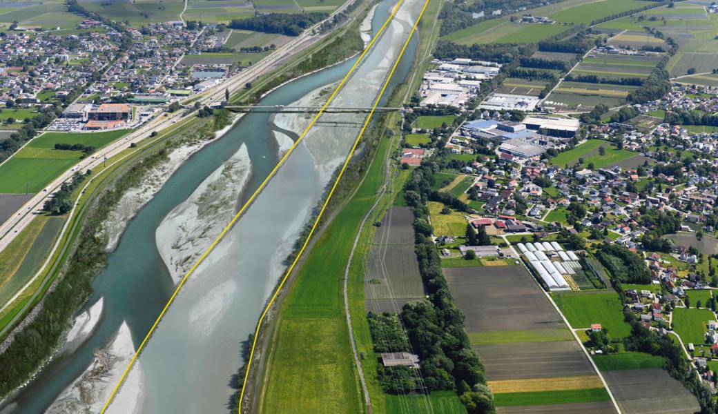 So verändert sich der Rhein: In der Visualisierung einer Luftaufnahme von 2015 vom Abschnitt beim Grenzübergang Kriessern – Mäder sieht man den Verlauf nach Fertigstellung von Rhesi, im gelben Rahmen unterlegt ist der aktuelle Verlauf sichtbar. 