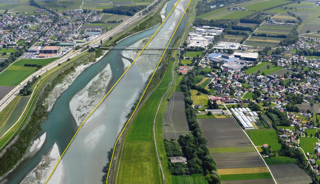 So verändert sich der Rhein: In der Visualisierung einer Luftaufnahme von 2015 vom Abschnitt beim Grenzübergang Kriessern – Mäder sieht man den Verlauf nach Fertigstellung von Rhesi, im gelben Rahmen unterlegt ist der aktuelle Verlauf sichtbar.  So verändert sich der Rhein: In der Visualisierung einer Luftaufnahme von 2015 vom Abschnitt beim Grenzübergang Kriessern – Mäder sieht man den Verlauf nach Fertigstellung von Rhesi, im gelben Rahmen unterlegt ist der aktuelle Verlauf sichtbar.