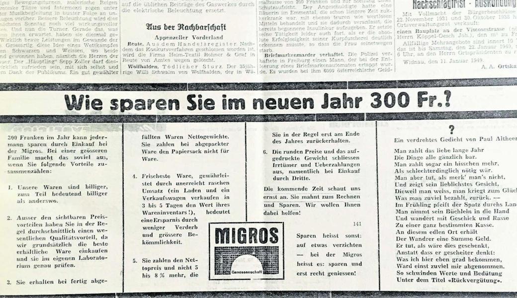 «Dieser Billigkeitsfimmel» kranke an «bedeutender Einseitigkeit», kommentierte die Konkurrenz dieses Migros-Inserat.