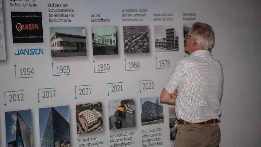 Die Firma Jansen AG ist ihrer Standortgemeinde seit 100 Jahren treu. Der Zeitstrahl zeigt die Entwicklung des Familienunternehmens auf. 