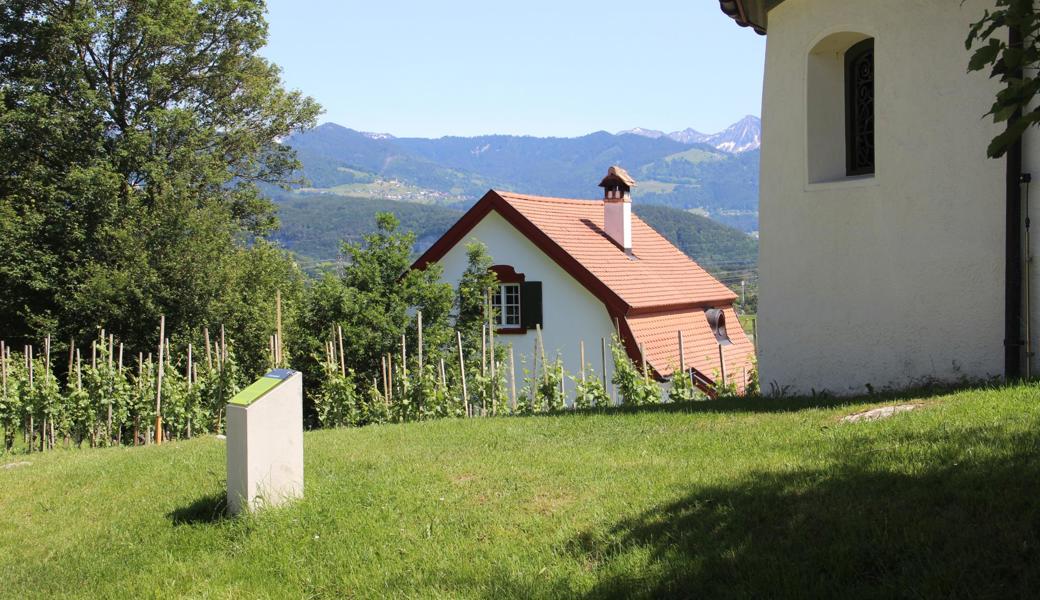 Viele Stelen vermitteln viel Wissenswertes, hier über die Kapelle, und - etwas weiter unten - über das Hedwig-Scherrer-Haus.