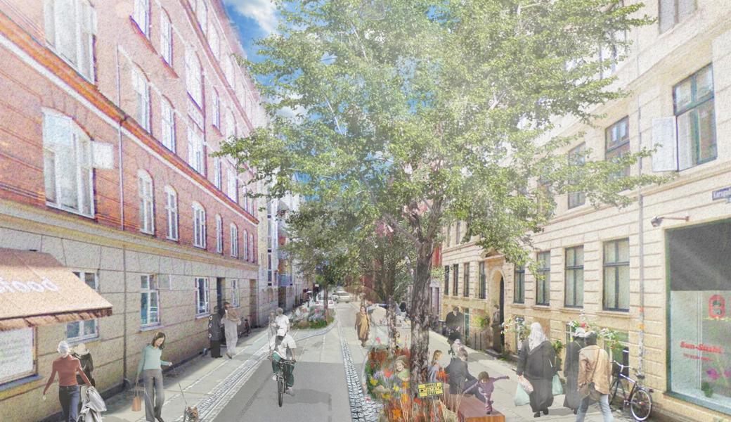 Eine Quartierstrasse, wie man sie künftig bauen könnte: Eine Rinne in der Strassenmitte entlastet bei einem Unwetter die Strassenentwässerung. Bäume und Rabatten halten Regenwasser zurück – und mildern an heissen Tagen die Hitze zwischen den Häusern.