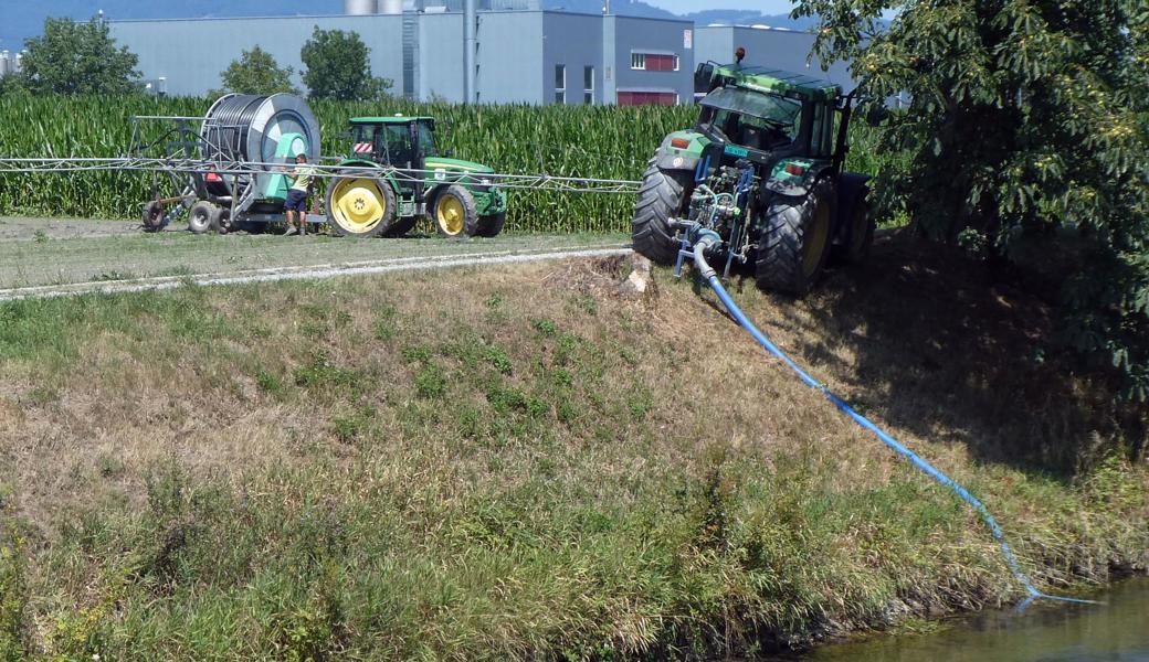 Ende Juli in Oberriet: Ein Gemüsebauer pumpt zur Bewässerung seiner  Kulturen Wasser aus dem Rheintaler Binnenkanal. Aus anderen Gewässern durfte zu dieser Zeit bereits kein Wasser mehr bezogen werden.