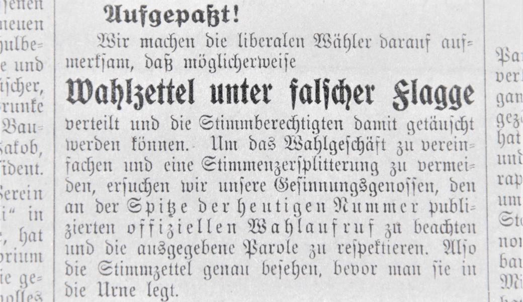 «Aufgepasst! Wir machen die liberalen Wähler darauf aufmerksam, dass möglicherweise Wahlzettel unter falscher Flagge verteilt und die Stimmberechtigten damit getäuscht werden können.»
