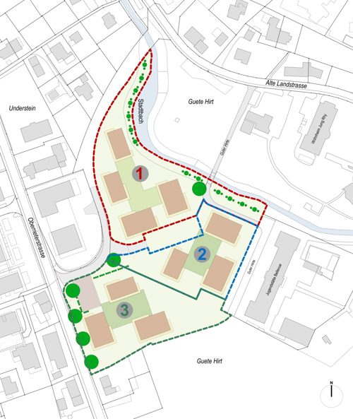 Das Bauprojekt ist in drei Baufelder mit einmal vier und zweimal drei Mehrfamilienhäusern unterteilt.