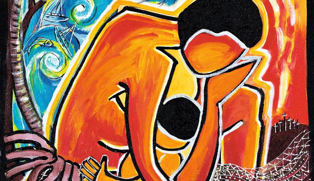 Juliette Pita, Künstlerin von Vanuatu, hat das Bild geschaffen. Es erinnert an den zerstörerischen Zyklon Pam im Jahr 2015. Damals wurde Juliette selbst durch schützende Palmen gerettet; sie ist überzeugt, dass Gott ihre Gebete erhört hat.