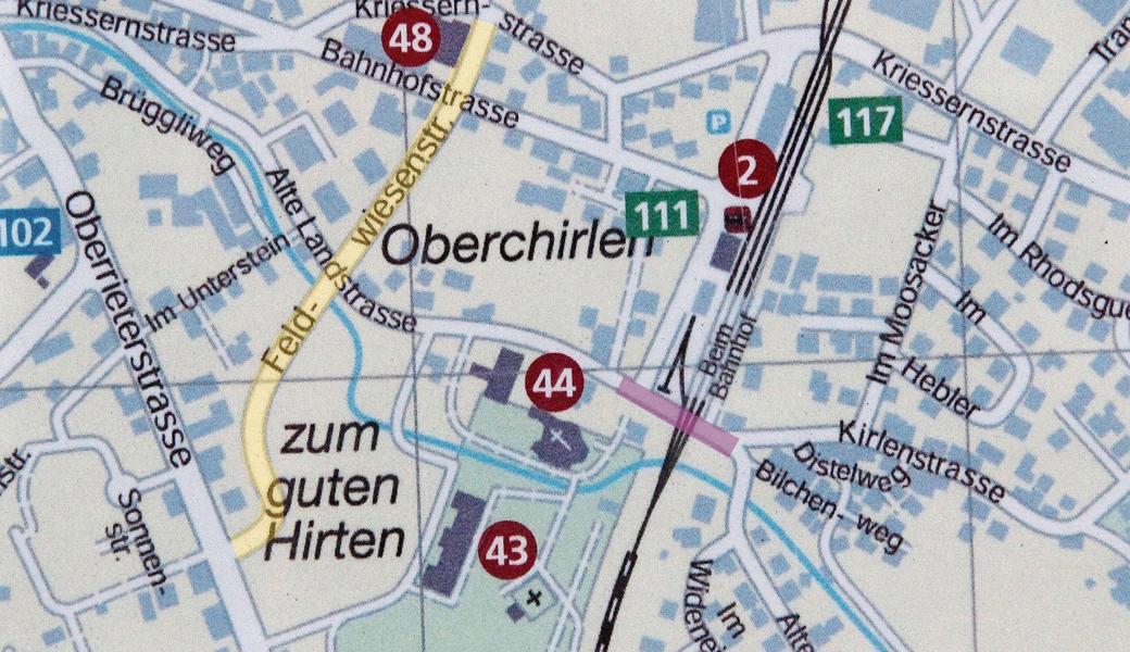 Die Feldwiesenstrasse zieht sich hin bis zur Oberrieterstrasse und eine Fussgängerunterführung ist als Strasse eingezeichnet.