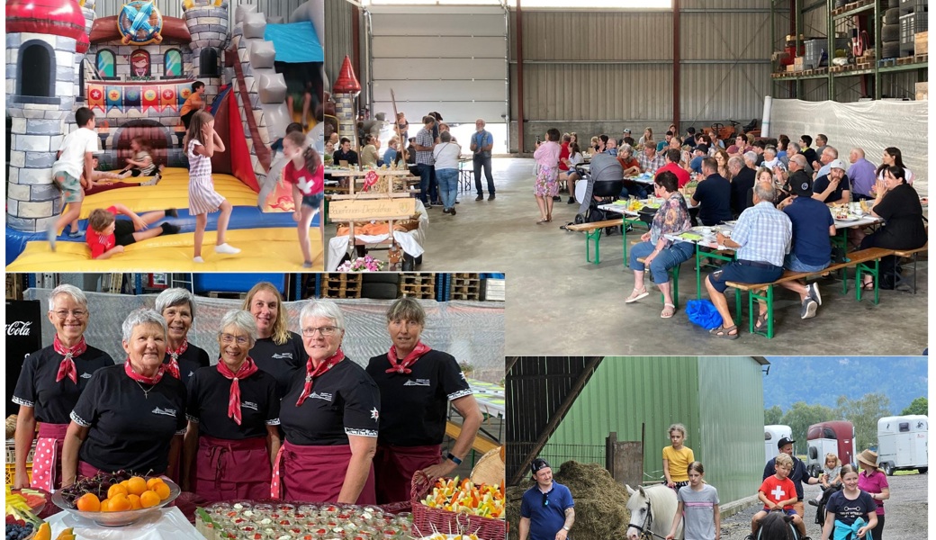 Das SVP- Jubiläumsfest: Geselliges Beisammensein auf dem Bauernhof mit fleissigen Landfrauen und spielenden Kindern.