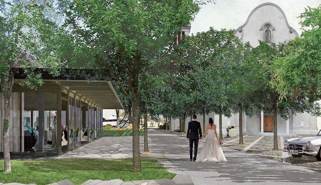 So könnte der Kirchweg in Zukunft aussehen: Der erweiterte Kirchplatz und das Konzept eines neuen, modernen Pfarreigebäudes prägen diese Visualisierung.