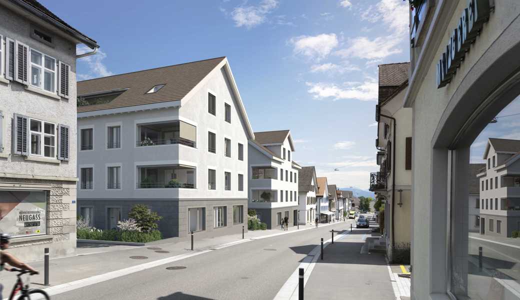 Die neu geplanten Mehrfamilienhäuser 7 und 9 an der Neugass  werden sich bestens ins Ortsbild einfügen.