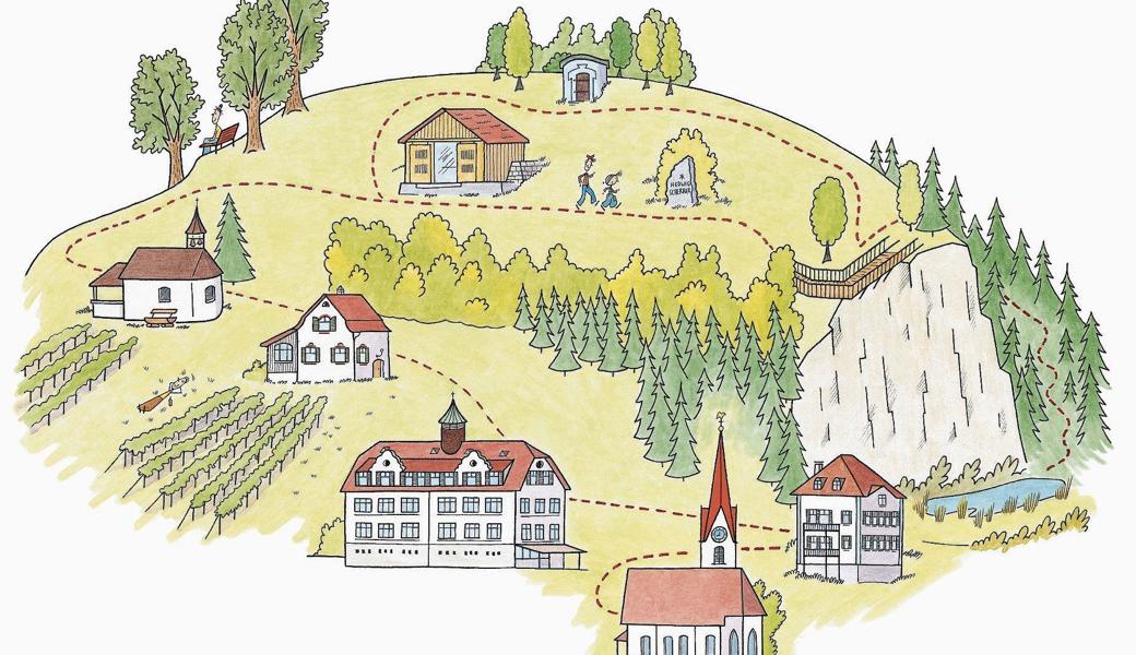 Türli und Flidari sehen: Die Kirchgemeinde ist am Bergli mit Kirche, Pfarrers Stall, Kapelle und Bildstöckli stark vertreten.