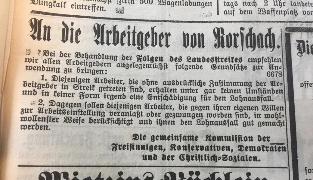 Das Inserat des Arbeitgeber-Aufrufs nach dem Generalstreik vom 16. November 1918 in der Rorschacher Zeitung
