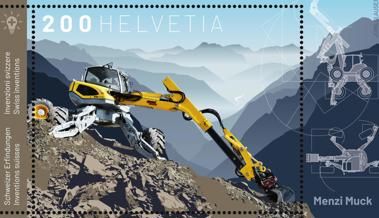 Menzi-Muck-Bagger auf Briefmarke
