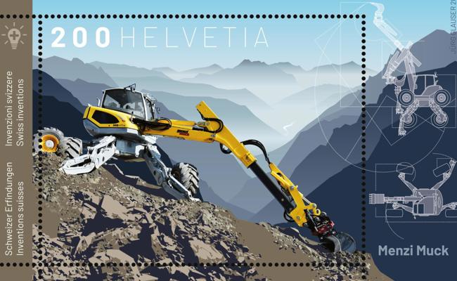 Menzi-Muck-Bagger auf Briefmarke
