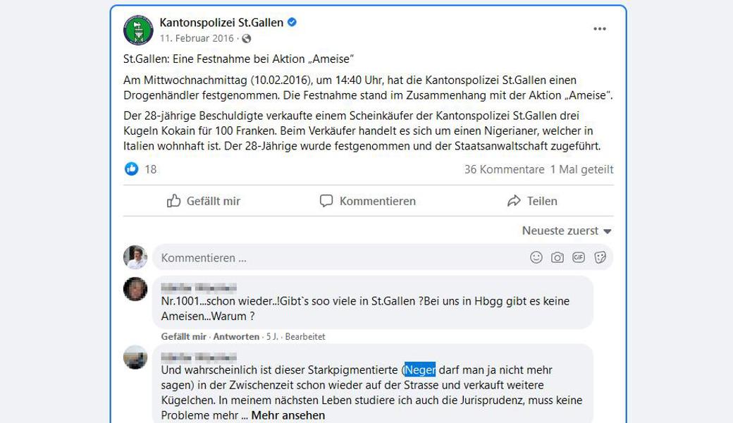 Rassistischer Kommentar auf der Facebook-Seite der Kantonspolizei.