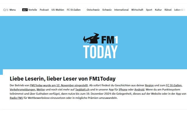 FM1Today ist Geschichte: CH Media hat der Newsplattform per sofort den Stecker gezogen