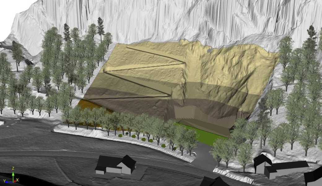 Eine Visualisierung der Deponie Rehag mit den angrenzenden Liegenschaften sowie dem geplanten Wildtierkorridor unterhalb der Deponie.