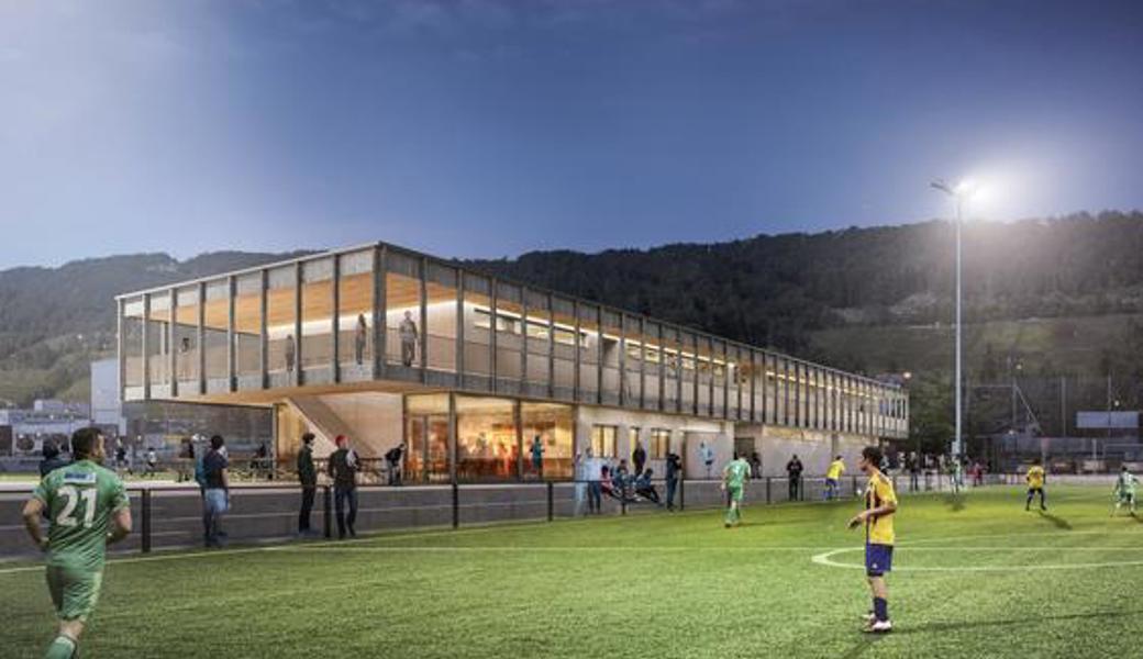 Die Visualisierung zeigt das neue Garderobengebäude auf der Sportanlage Tägeren.