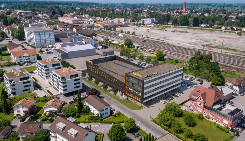 Die Luftbild-Visualisierung zeigt das Neubauprojekt der Arbonia an der Industriestrasse in St. Margrethen.  Die Luftbild-Visualisierung zeigt das Neubauprojekt der Arbonia an der Industriestrasse in St. Margrethen.