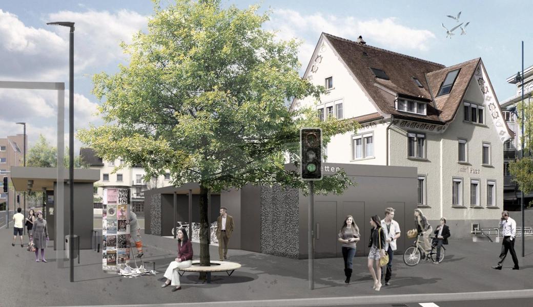 Blick in nordwestlicher Richtung. Wo die neuen Gebäude entstehen, befinden sich heute die vom Bus benützte Strasse und viele Parkplätze.