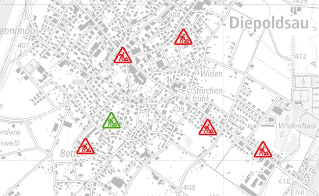Karte mit Strassen-Baustellen ist  online