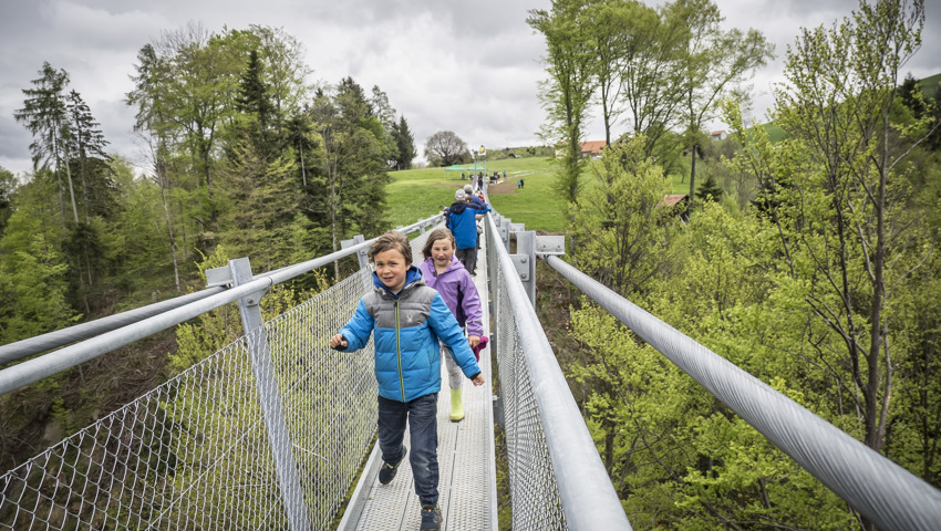 Seit Ende April 2019 verbindet eine spektakuläre Hängebrücke die Schwestergemeinden Grub AR und Grub SG. Seit Ende April 2019 verbindet eine spektakuläre Hängebrücke die Schwestergemeinden Grub AR und Grub SG.