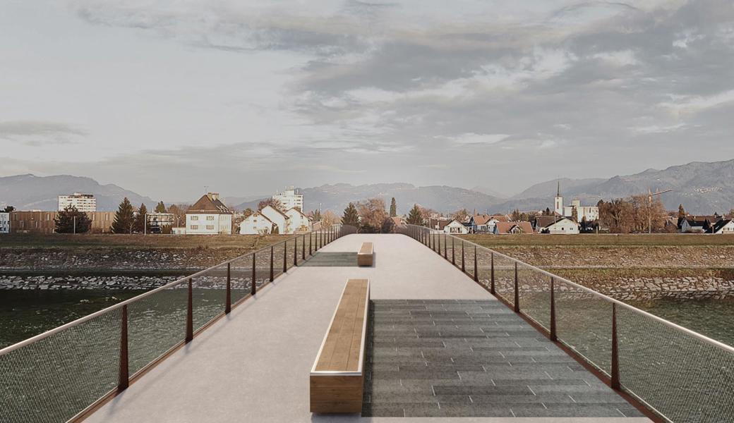 Die künftige Brücke besteht im Überbau aus Cortenstahl, das Geländer aus Edelstahlnetzen. Im Aufenthaltsbereich werden Gneisplatten vom Hinterrhein verwendet.