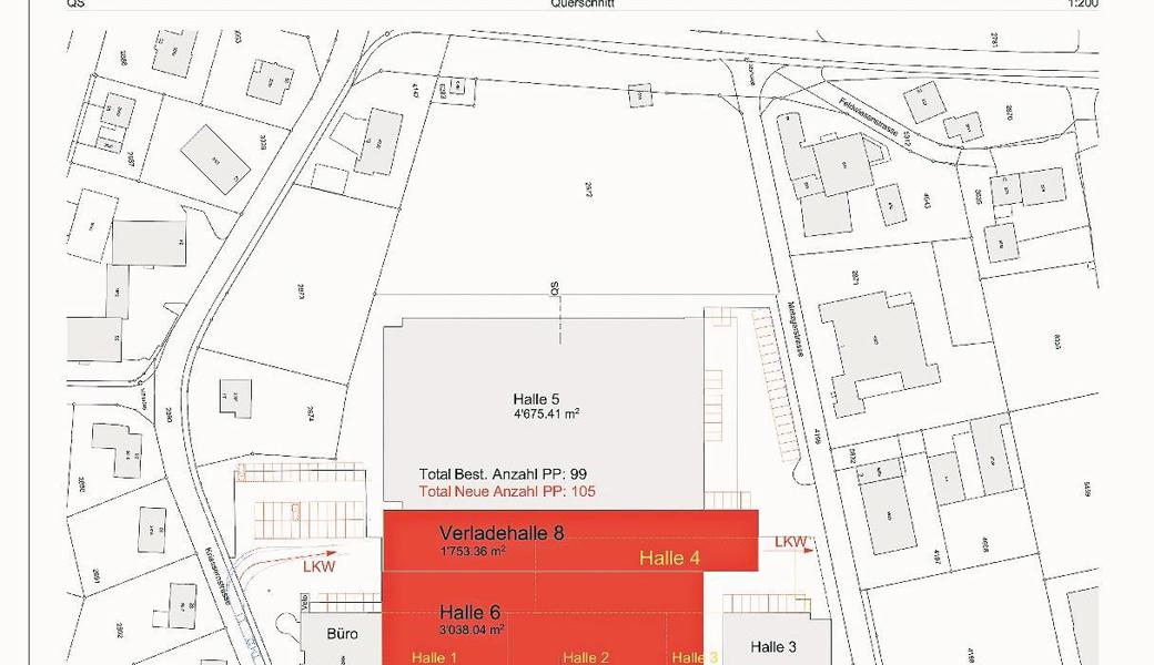 Die Höhe der Halle 6 wird jener der Halle 5 angepasst. Die Verladehal­- le 8 dazwischen fällt etwas niedriger aus. 