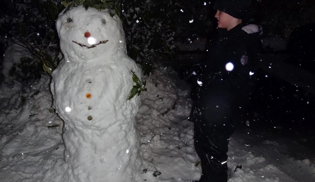 Schneemann und Erbauer.