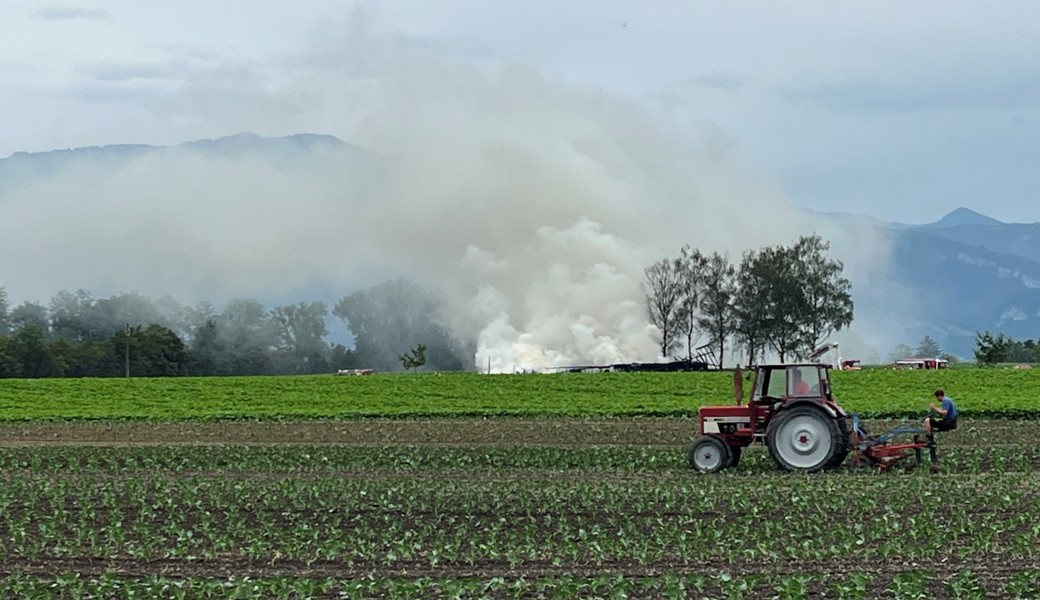 Arbeiten auf dem Feld, während im Hintergrund die Löscharbeiten andauern. 