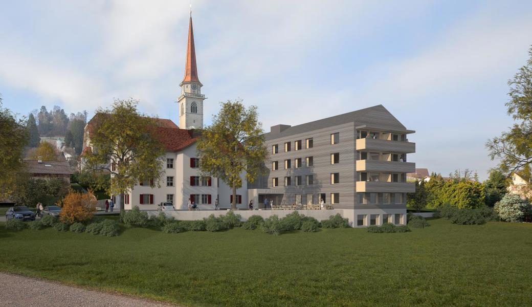 Blick von der Fahrstrasse auf das Haus Rosengarten und den Erweiterungsbau.