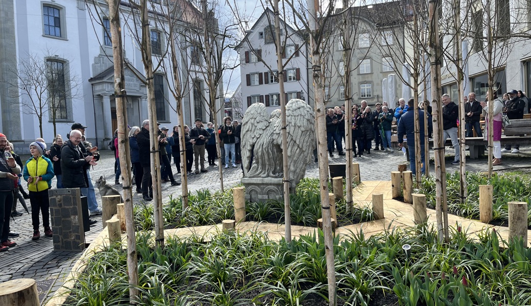 Der Altstätter Rathausplatz mit Bäumen: Die Naturstadt macht's möglich.