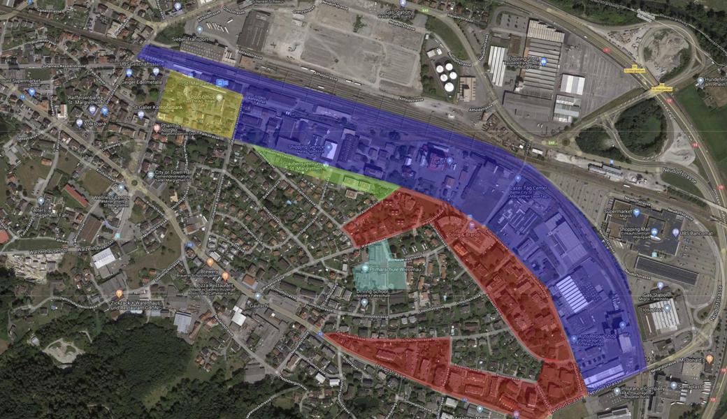 Folgende Gebiete könnten künftig von der Abwärme von Industriebetrieben (violett) profitieren: Kernzone (gelb), Zone für öffentliche Bauten (hellblau-türkis), Wohnzone (rot) und Wohn- und Gewerbezone (grün). 