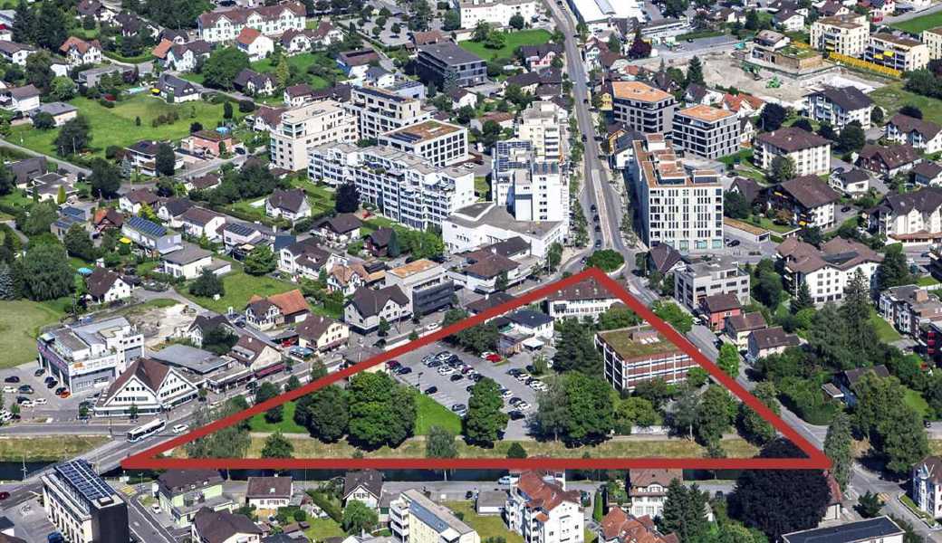 Das Areal «Widnau Mitte» ist mit dem roten Dreieck markiert. Das Areal «Widnau Mitte» ist mit dem roten Dreieck markiert.