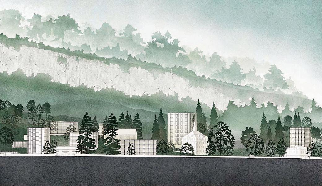 Das historische Areal soll umgenutzt und weiterentwickelt werden. Zu sehen ist die Ostansicht des Projekts.  Visualisierung: Corinna Menn