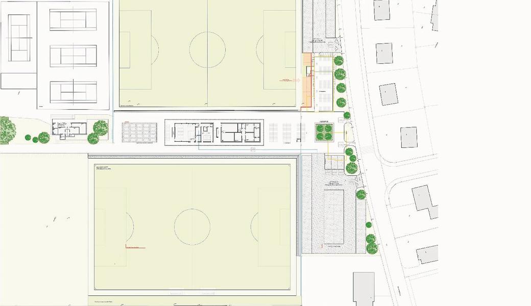 Zwischen den beiden Fussballfeldern ist ein zweigeschossiges Clubhaus mit diversen Garderobenräumen und Duschen geplant. Der untere Platz muss dafür verlegt werden.Bilder: pd