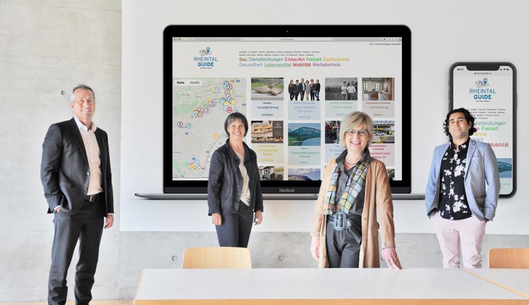 René Bognar (Präsident des HGV Widnau), Sabina Saggioro (Geschäftsleiterin VSGR), die Widnauer Gemeindepräsidentin Christa Köppel und Sacha Sapra (Leiter der Agentur Kreatif) stellten am Dienstag den regionalen Onlineshop vor.