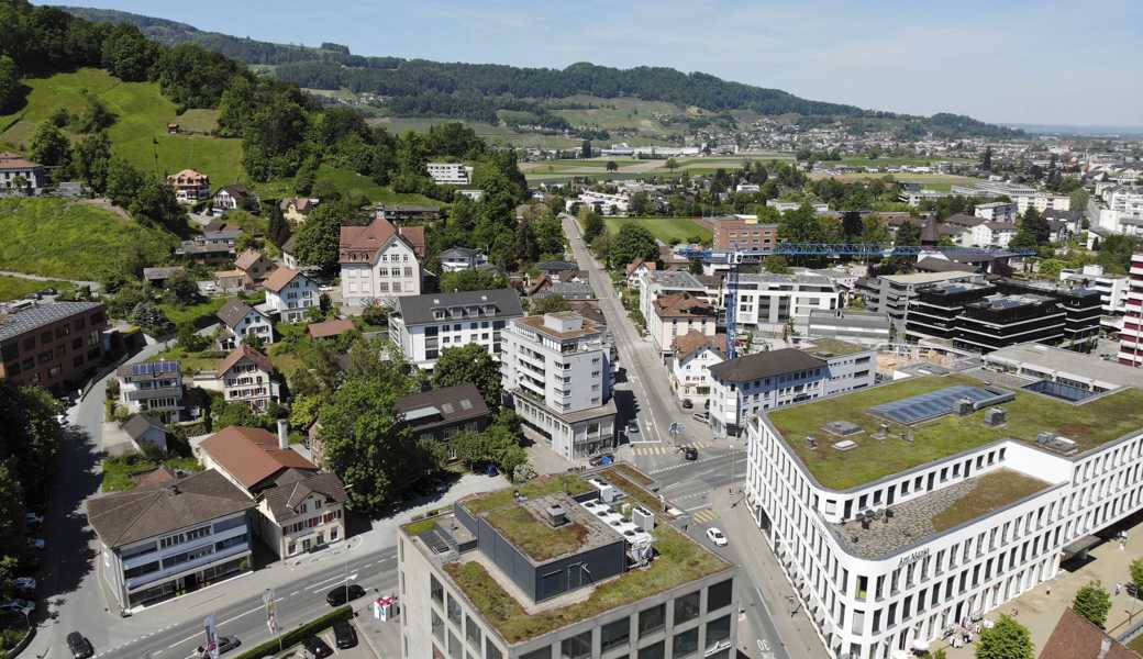 In Heerbrugg sind mehrere Standorte der Primarschule Au-Heerbrugg: Im Hang sieht man das Schulhaus Sonnenberg und in der Ebene Schulhaus sowie Kindergarten Blattacker.
