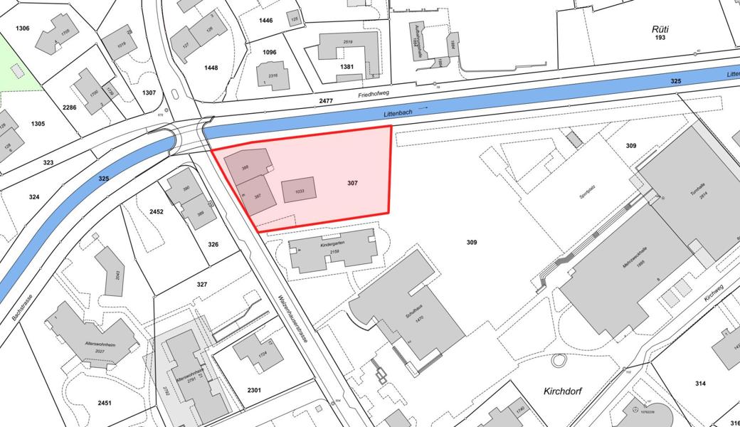 Die rot markierte Parzelle 307 gehört der Primarschule Au-Heerbrugg. Dort soll der Schulhausneubau entstehen.