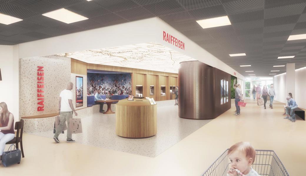 So wird die neue Raiffeisenbank im Einkaufszentrum Rhydorf aussehen.Visualisierung: Raiffeisen