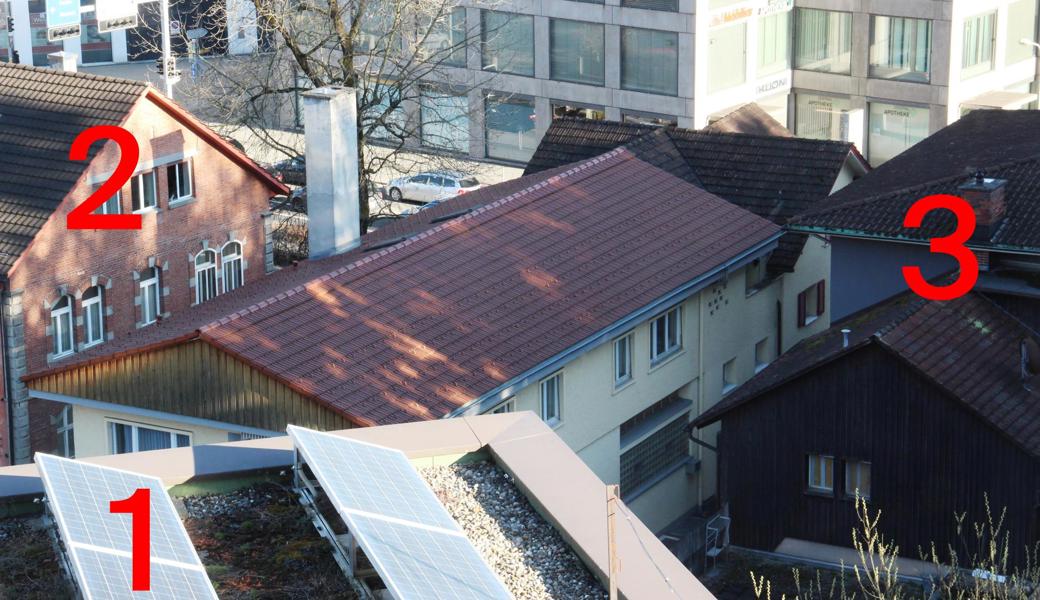 Die Psychiatrie-Dienste haben in Heerbrugg eine moderne Tagesklinik (1), daneben aber sechs weitere Standorte im Umkreis von hundert Metern. Unter anderem sind sie im roten Backsteinhaus (2) eingemietet sowie im Haus Kirchhofer (3). 