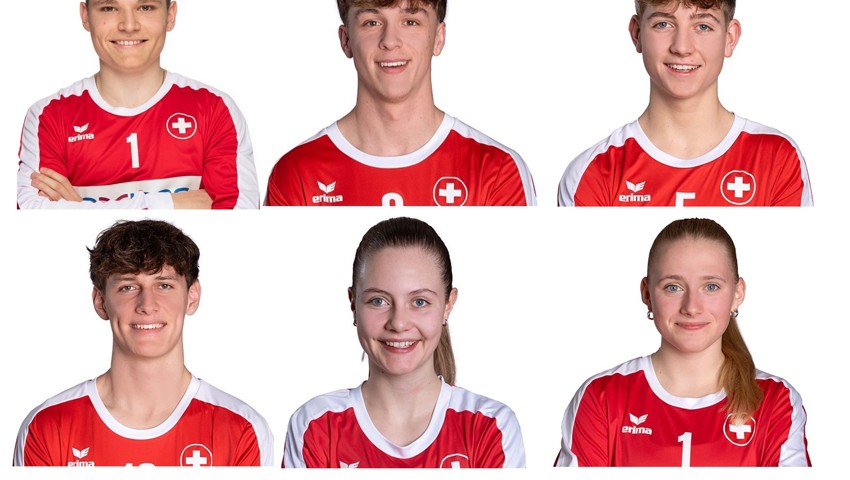 Sie spielen um EM-Medaillen (von links oben im Uhrzeigersinn): Timo Wild, Laurin Juen, Flavio Sieber, Cellina Walt, Elena Sieber, Nico Frei.